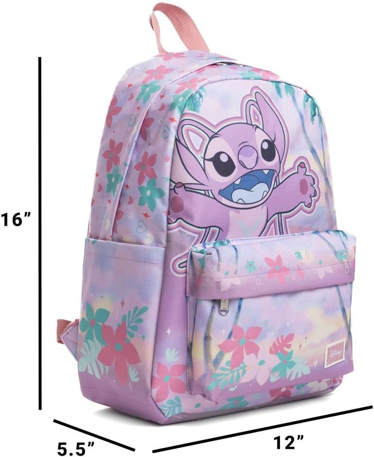 Wondapop Disney Stitch Angel Backpack 16 Girls School Backpack with Laptop Sleeve, Front Pocket & Side Pockets, Cute Disney Bookbag for Kids