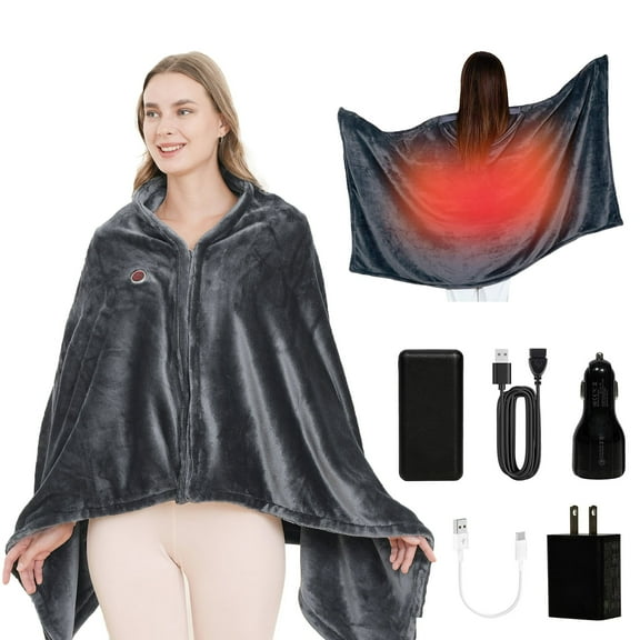Wondba & 59"x33" Cordless Electric Heated Blanket, Portable Heated Blanket Battery Operated 20000 mAh USB, 3 Temp, Washable Heating Shawl Scarf with Zipper for Indoor Outdoor (Dark Gray)