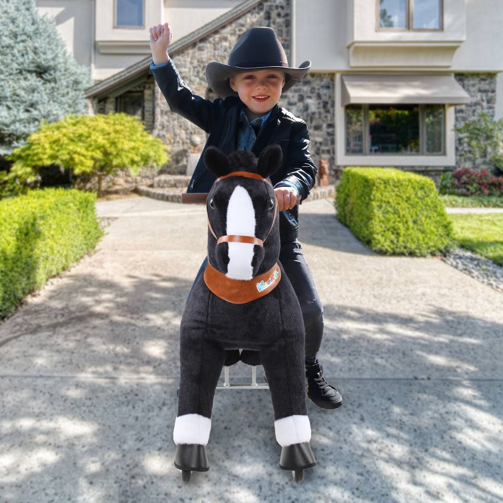 WondeRides Kids Ride on Horse Boys Toy Black Size 4 for Kids Age 4-9 (36 inch Height), Plush Walking Animal Mechanical Riding Horse Pony M447