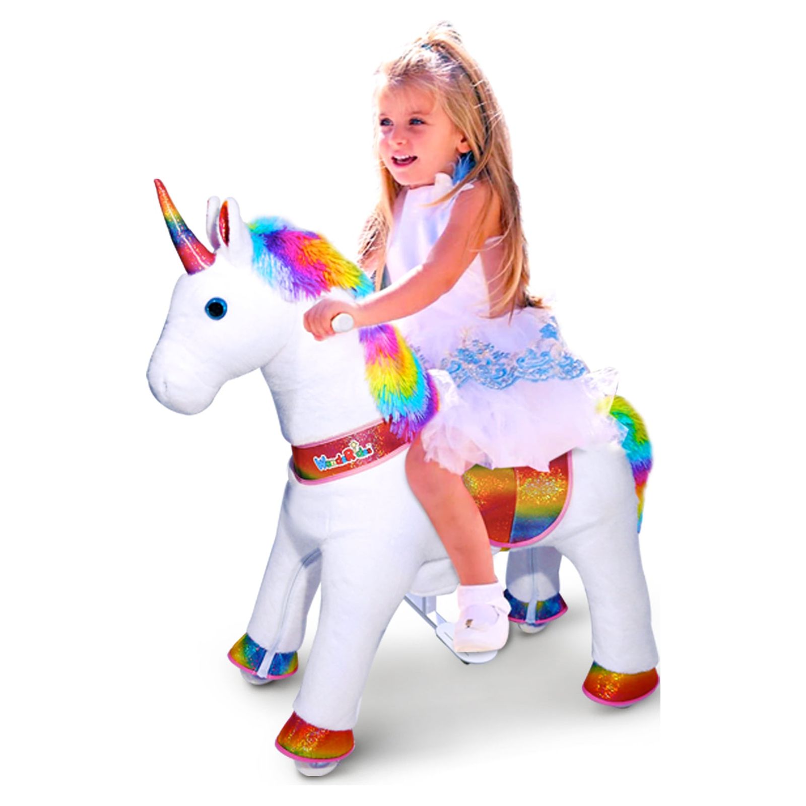WondeRides Ride on Rainbow Unicorn Horse, Rocking Horse Riding Pony Toy (Medium Size 4, Height 36 Inch) for Ages 4-9 Years Kids Toys, Mechanical Moving Giddy up Walking Horse Plush Animal with Wheels - image 1 of 10