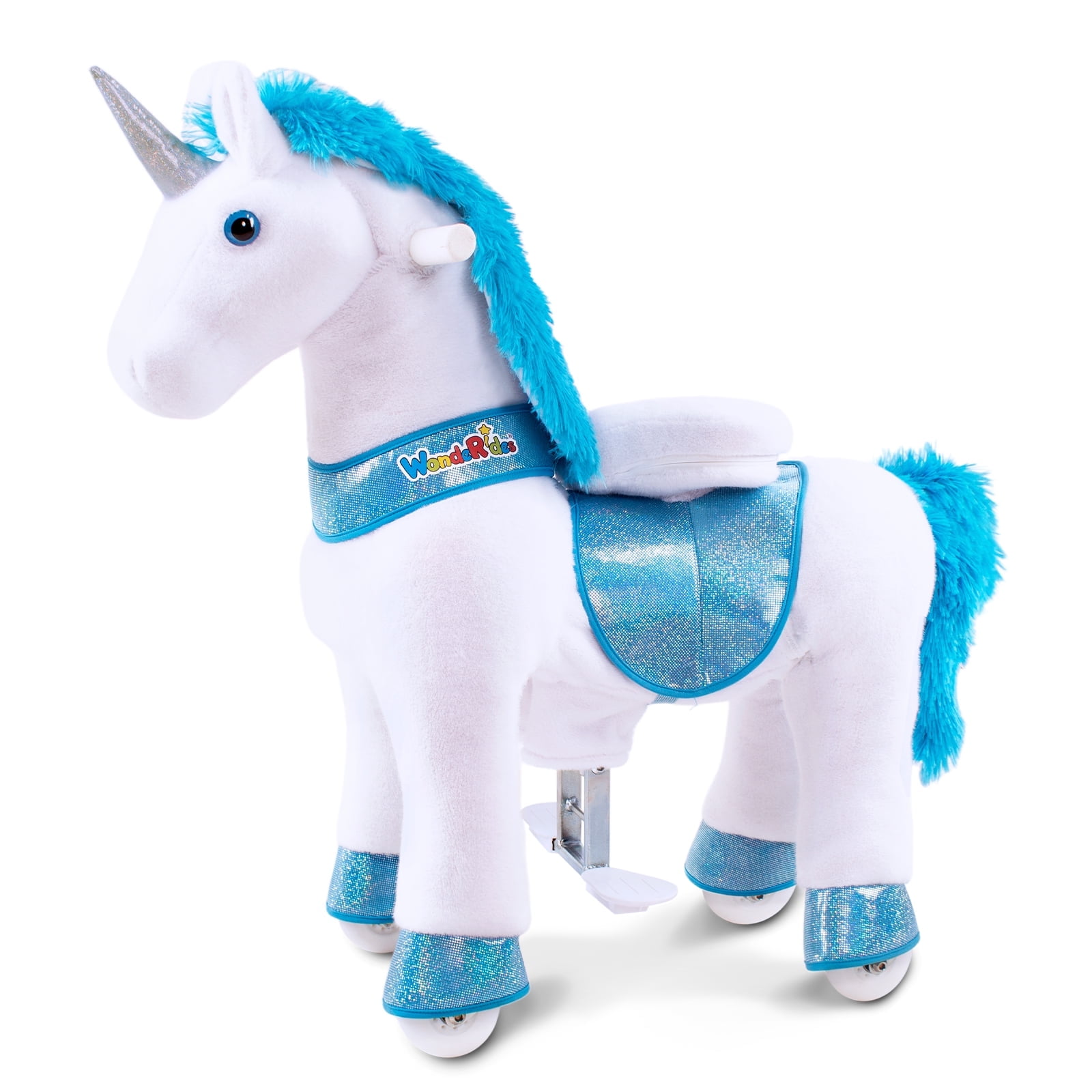 WondeRides Ride on Unicorn Toy Rocking Horse Blue Unicorn, 30.1 inch Height Size 3 for 3 to 5 Years Old, Ride on Horse Plush Walking Animal Mechanical Riding Pony with Wheels M331-1