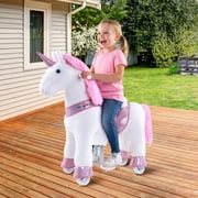 WondeRides Ride on Pink Unicorn Horse Toy Riding Horse Pony Walking Rocking Plush Animal as Birthday Gifts for Children for 4-9 Years Old