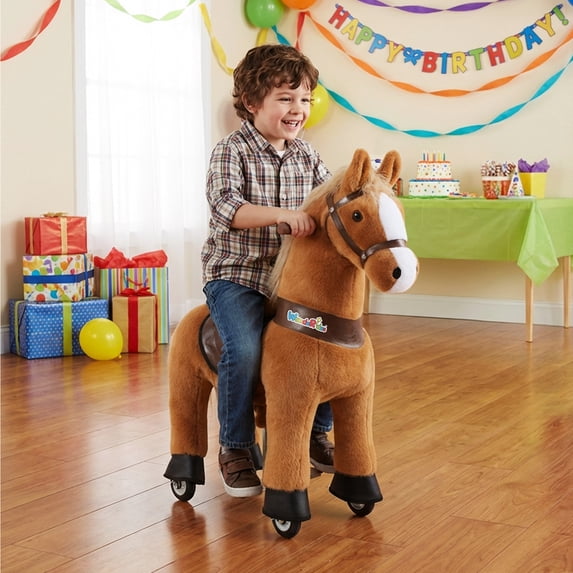 WondeRides Ride on Rocking Horse Toy Plush Walking Animal Pony Mechanical Horse Toy with Wheels Medium Size 4 for Age 4-9