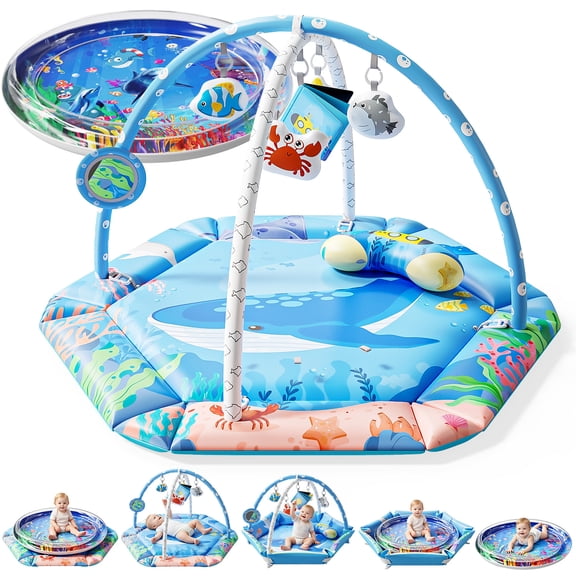 WondeStone Baby Gym Play Mat, Tummy Time Mat, Infant Play Gym with 6 Detachable Toys & Water Mat , Baby Toys Gift ,Blue