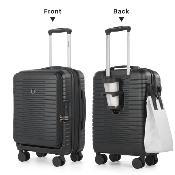 Wonder Lisbon 20" Expandable Carry On Luggage, Top Opening Hardside Suitcase with Cup Holder, 360° Double Spinner Wheels & Combination Lock, Black