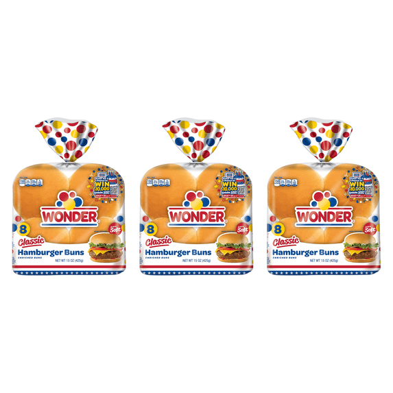 Wonder Bread Classic Extra Soft White Bread Hamburger Buns, 15 oz, 8 Count (Pack of 3)