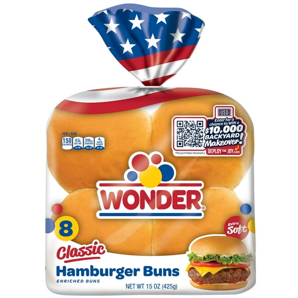 Wonder Bread Classic Extra Soft White Bread Hamburger Buns, 15 oz, 8 Ct, Shelf-Stable
