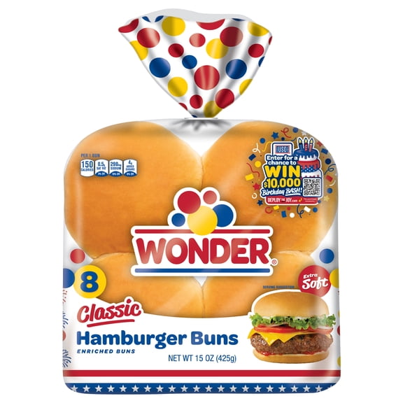 Wonder Bread Classic Extra Soft White Bread Hamburger Buns, 15 oz, 8 Ct, Shelf-Stable