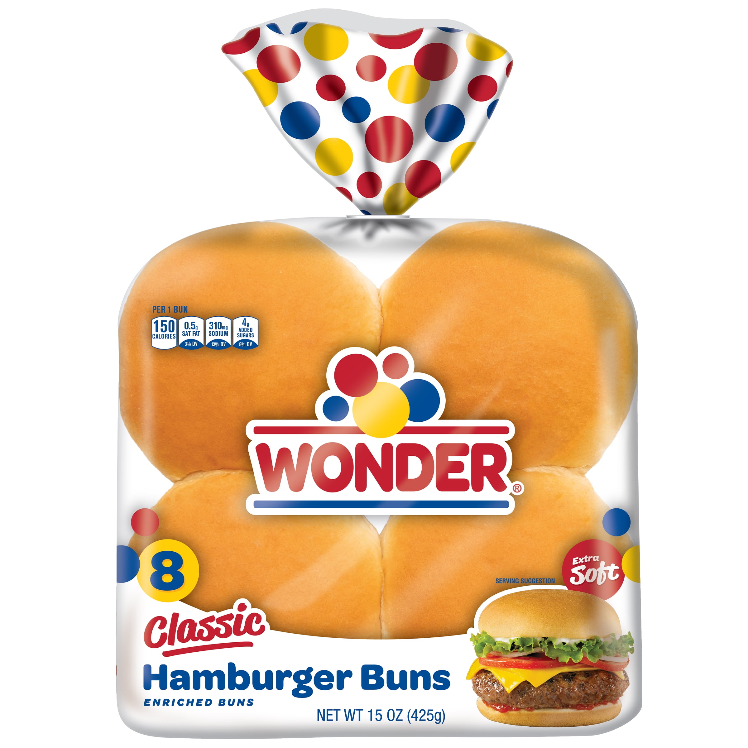 Wonder Bread Classic Extra Soft White Bread Hamburger Buns, 15 oz, 8 Ct, Shelf-Stable
