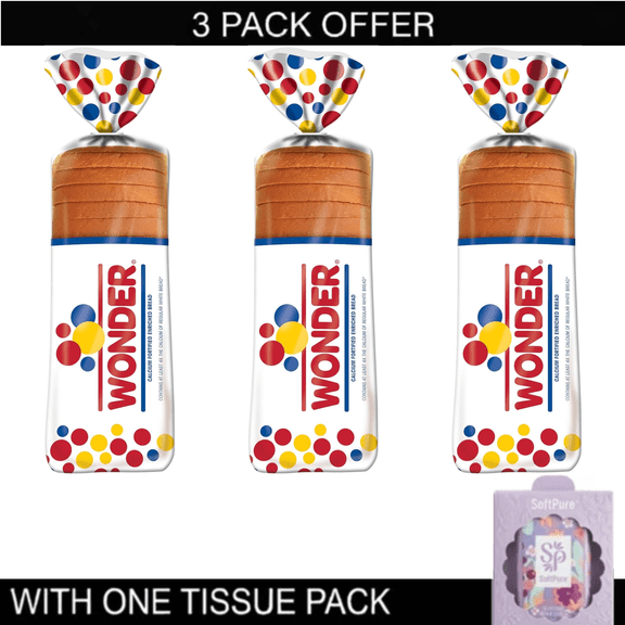 Wonder Bread Classic White Sandwich Bread 3-Pack Bundle (20 oz Loaves, 60 oz Total) with tissue pack