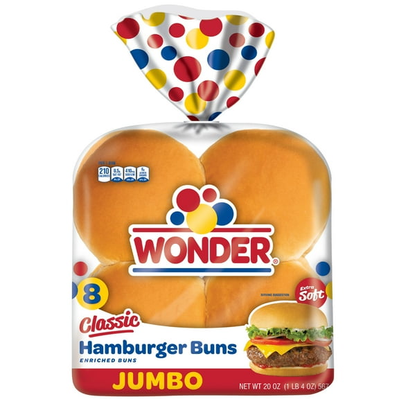 Wonder Bread Jumbo Hamburger Buns, White Bread Rolls, 8 Count, Shelf-Stable