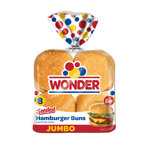 Wonder Bread Jumbo Seeded Hamburger Buns, Sesame Seed White Bread Rolls, 8 Ct, Shelf-Stable