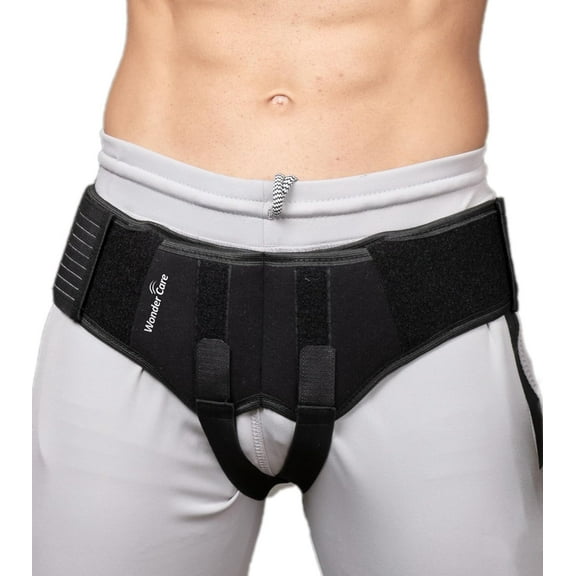 Wonder Care - Inguinal Hernia Support Belt Inguinal Truss Brace Postoperative Hernia Analgesia 2 Compression Pressure Foam Pads, Adjustable Elastic Velcro Strap - A107 L