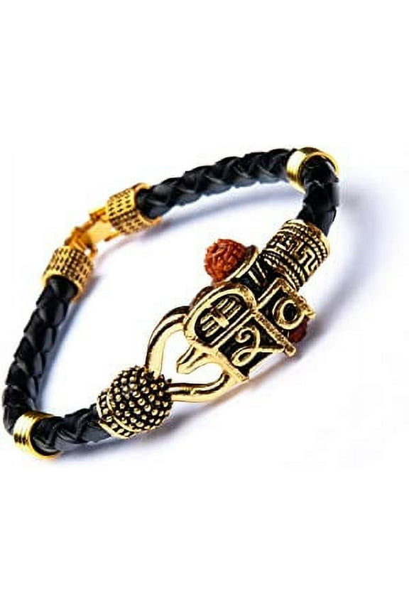 Rudraksha Shiv Om Trishul Damroo Kada for Men, Lord Shiva Bahubali Cuff Bracelet for Men, Boys | Religious Brass Kada | Free Size Bracelet for Maha Shivratri