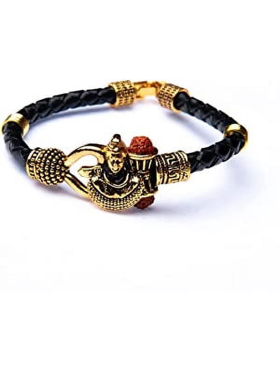 Rudraksha Shiv Om Trishul Damroo Kada for Men, Lord Shiva Bahubali Cuff Bracelet for Men, Boys | Religious Brass Kada | Free Size Bracelet for Maha Shivratri