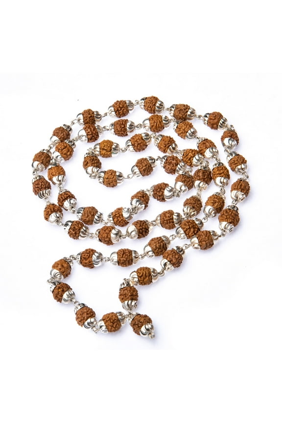 Silver Cap Rudraksh Mala- Himalayan Rudraksha Seeds Ornament Rosary Japa Mala Necklace Mala Beads