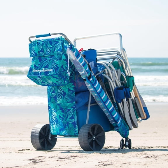 Wonder Deluxe Folding Beach Cart, Portable Caddy for Towels and Beach Accessories, Stores 48-Quart Cooler & 4 Chairs, Blue