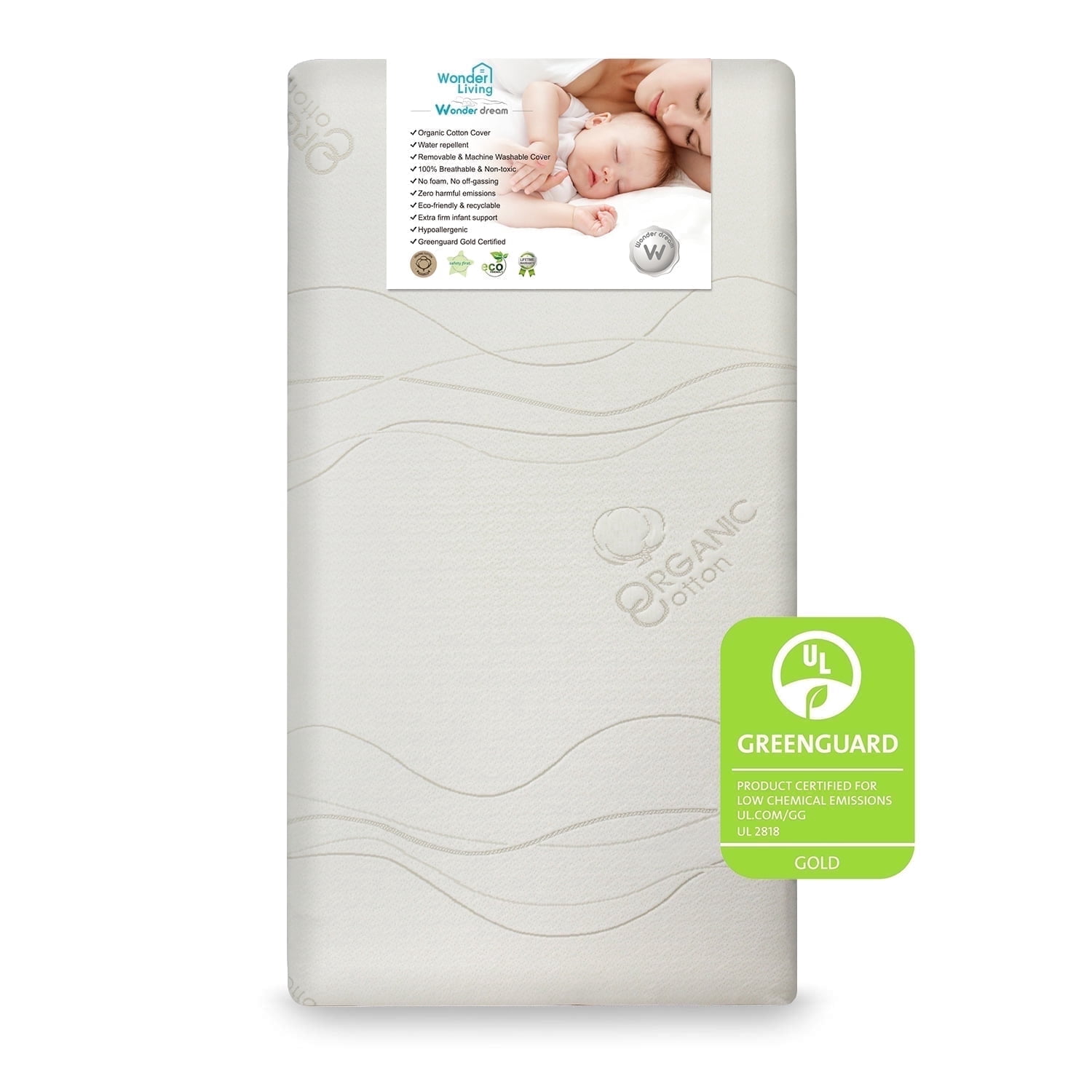 Wonder Dream Toddler Crib Mattress Organic Cotton,100% Breathable,No VOC's, Greenguard Gold Certified, Made in USA