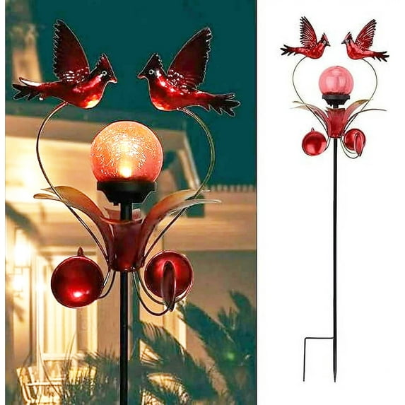 Wonder Garden Christmas 38" Solar Wind Spinner Cardinal Garden Stake Decoration with LED Light, Crackle Glass Ball Weather Resistant Multicolor, Red