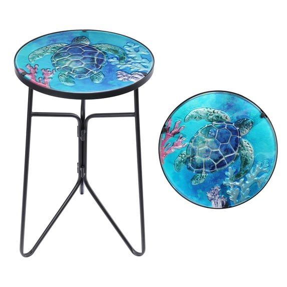 Wonder Garden Coastal Rust Resistant Metal Frame and Glass Top Round End Table, Blue