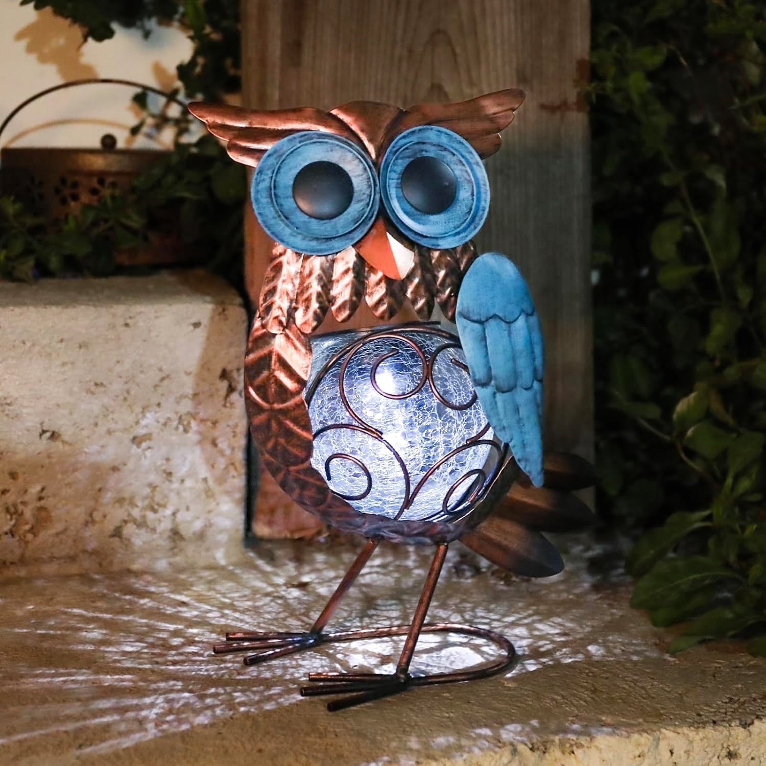 Outdoor Statue,Solar Owl Statue: Crackle Glass Globe Light, Metal Garden Sculpture for Lawn Porch Patio Outside Garden Decor