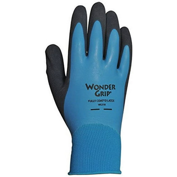 Wonder Grip WG318XL Liquid-Proof Double-Coated/Dipped Natural Latex Rubber Work Gloves 13-Gauge Seamless Nylon, X-Large, Black/Blue