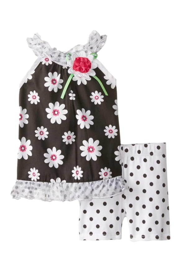 Infant Girls Black Daisy Flower Shirt Polka Dot Shorts Outfit 18m