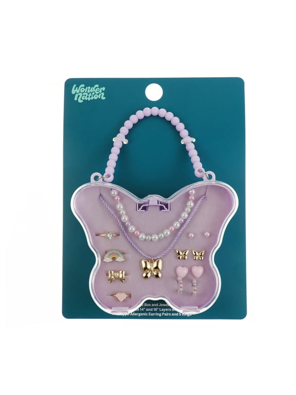 10 Pack Jewelry Set in Butterfly Box with Necklaces, Earrings, and Rings (Girl's)
