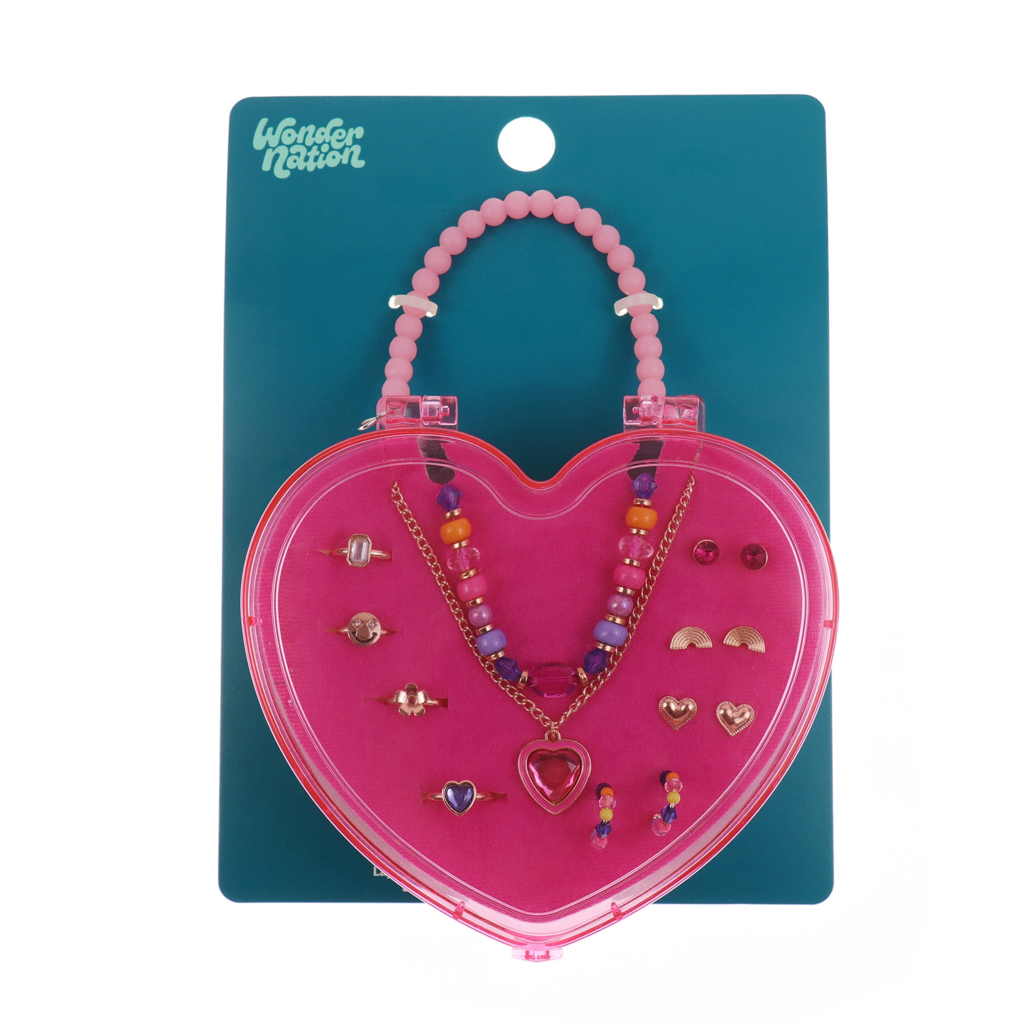 Wonder Nation 10 Pack Jewelry Set in Heart Box with Necklaces, Earrings, and Rings (Girl's)