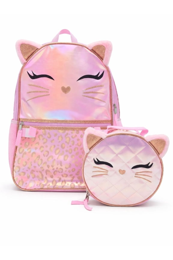 Girl's 17" Leopard Cat Backpack & Lunch Box Set, Pink