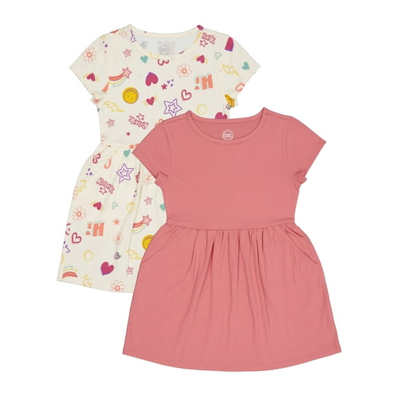 Wonder Nation Girls 2-Pack Short Sleeve Play Dress, Sizes 4-18 & Plus