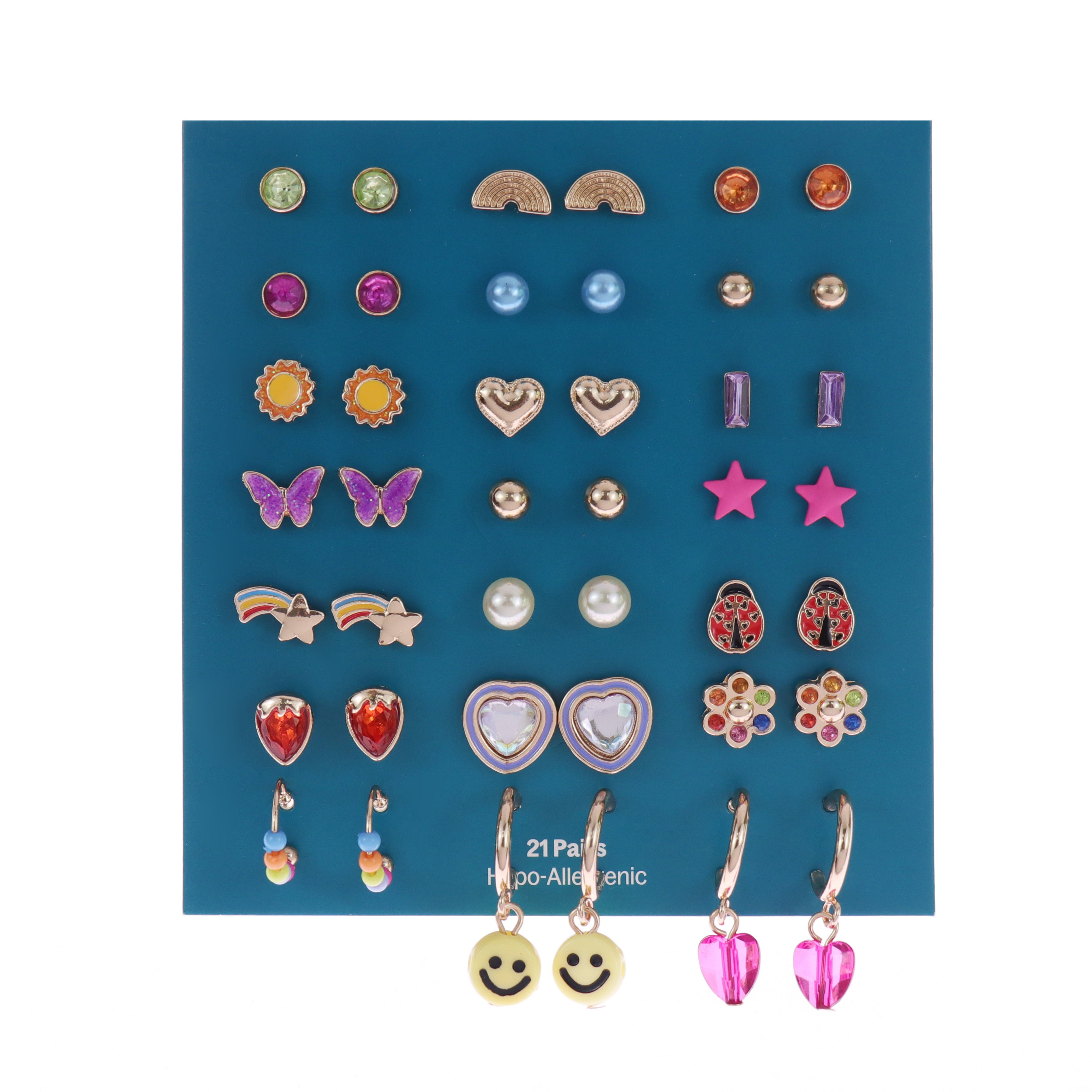 Wonder Nation 21 Pack Earring Set with Smiley Faces and Heart Studs (Girl's)