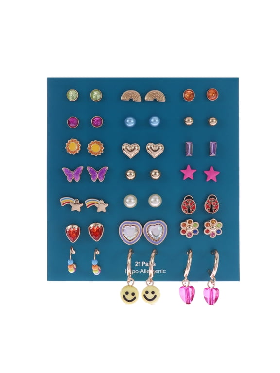 21 Pack Earring Set with Smiley Faces and Heart Studs (Girl's)