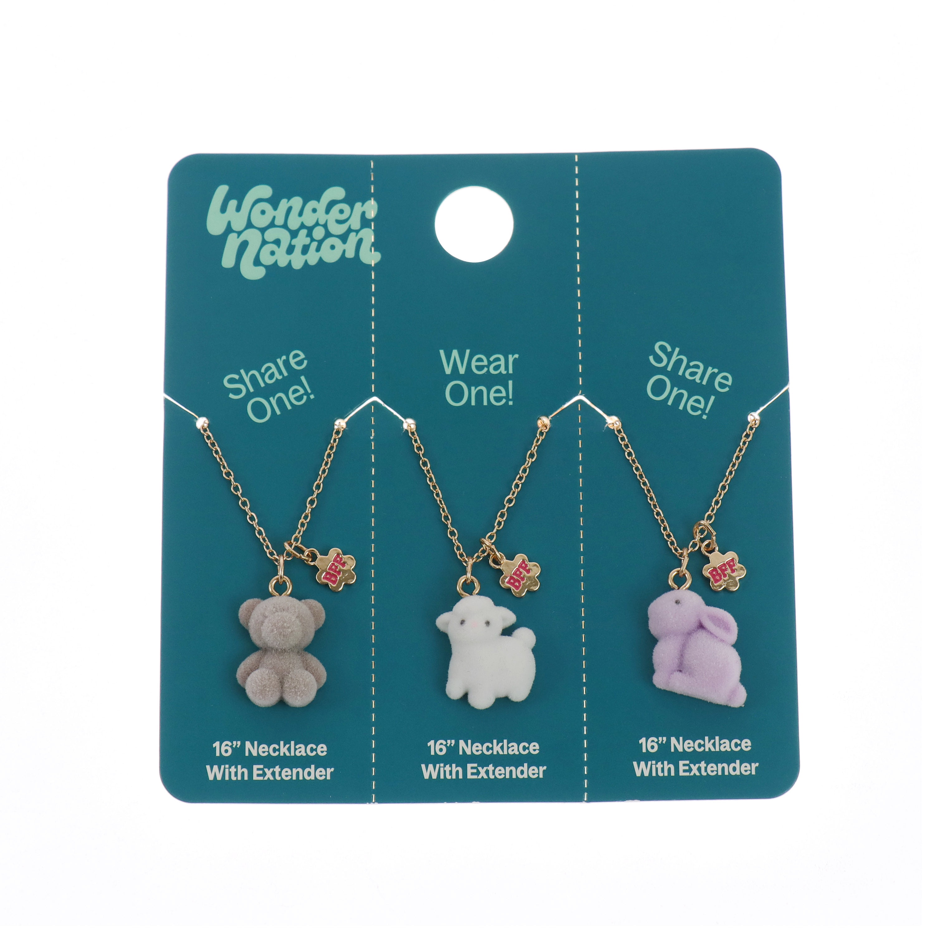 Wonder Nation 3 Pack Best Friends Necklace Set with Flocked Critter Charms (Girl's)