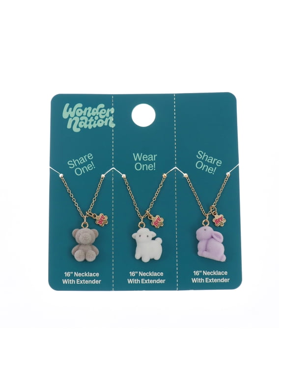 3 Pack Best Friends Necklace Set with Flocked Critter Charms (Girl's)