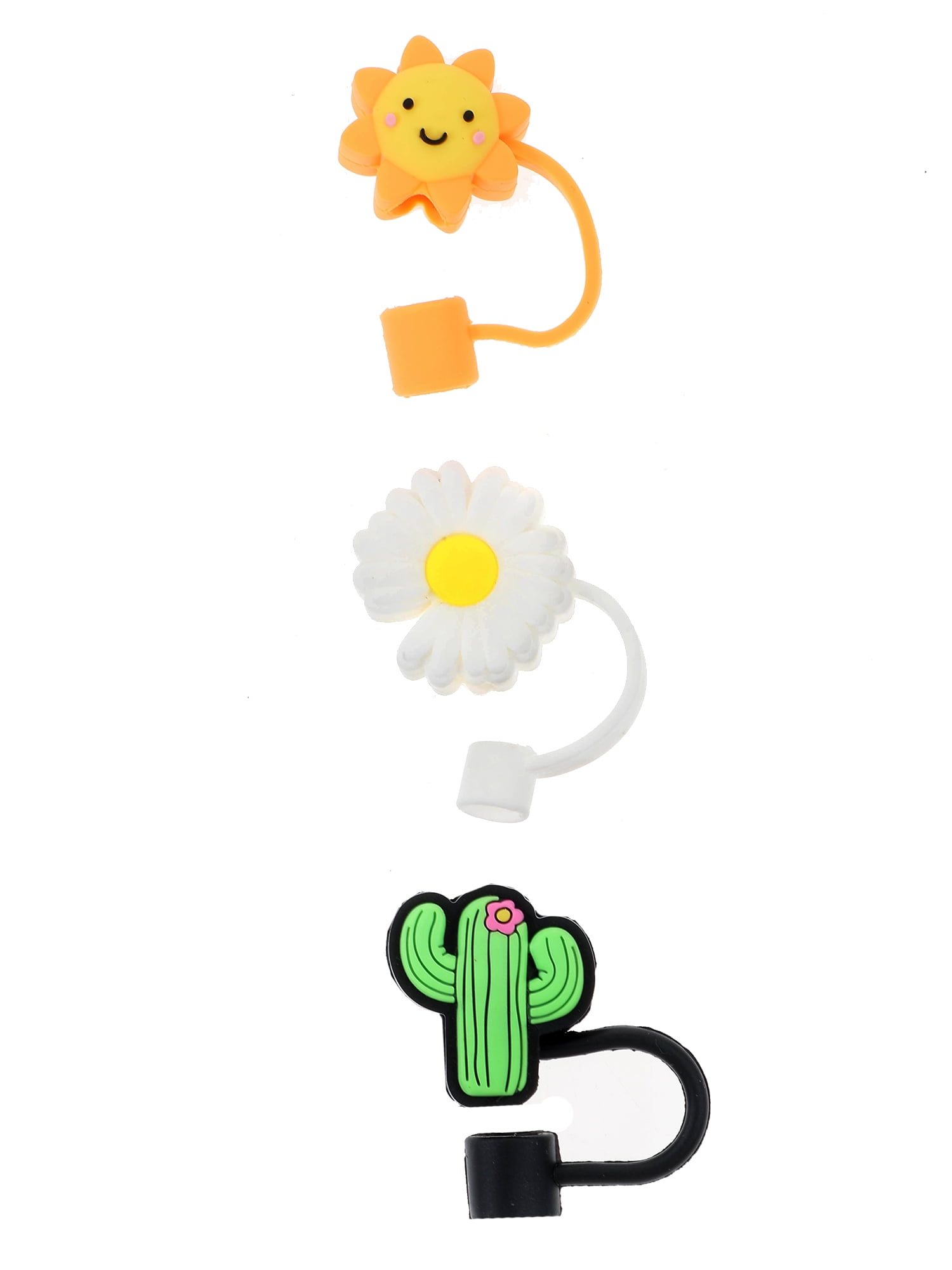 Wonder Nation 3-Pack Silicone Straw Topper Set, Reusable, Flower, Sun and Cactus, Multicolored, 3 Pieces