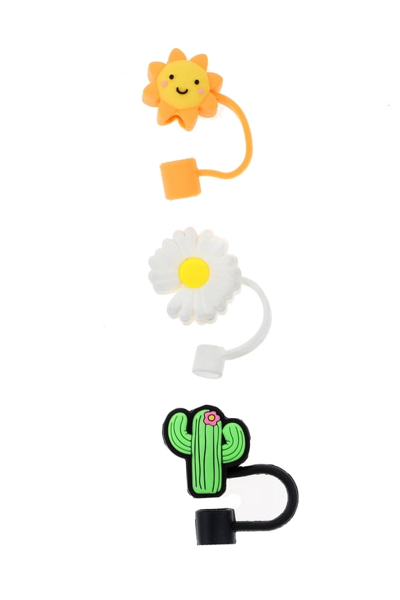3-Pack Silicone Straw Topper Set, Reusable, Flower, Sun and Cactus, Multicolored, 3 Pieces
