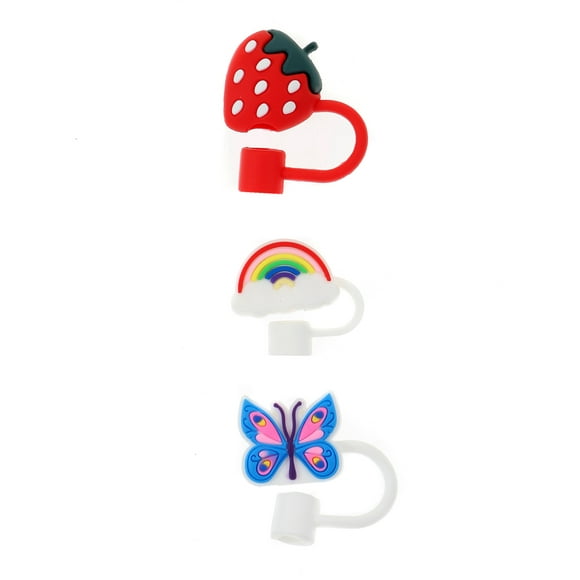 Wonder Nation 3-Pack Silicone Straw Topper Set, Reusable, Strawberry, Rainbow and Butterfly, Multicolored, 3 Pieces