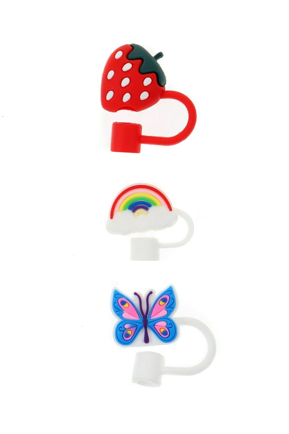 3-Pack Silicone Straw Topper Set, Reusable, Strawberry, Rainbow and Butterfly, Multicolored, 3 Pieces