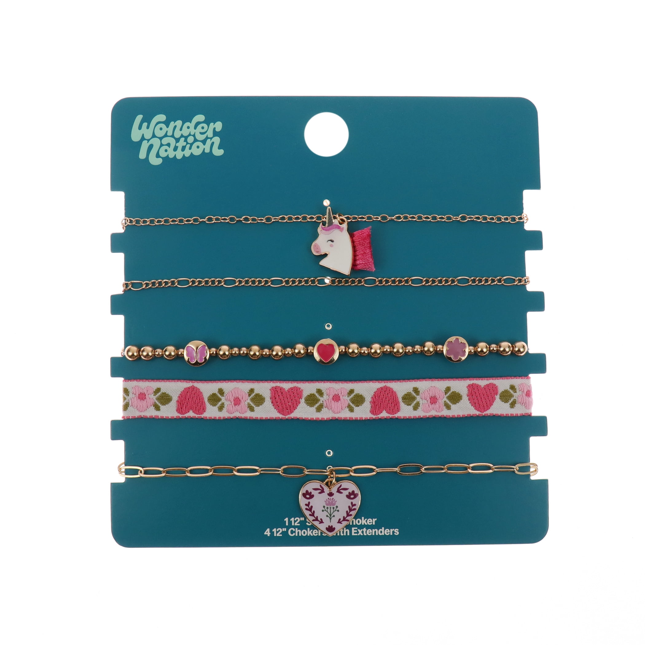 Wonder Nation 5 Pack Choker Set with Unicorn and Heart Charm (Girl's)
