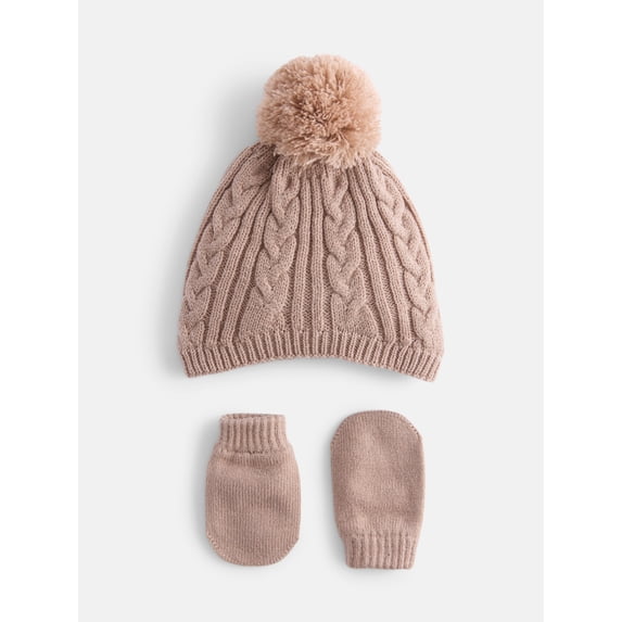 Wonder Nation Baby Boys or Girls Pom Pom Beanie and Mittens Set, 2 Piece, One Size