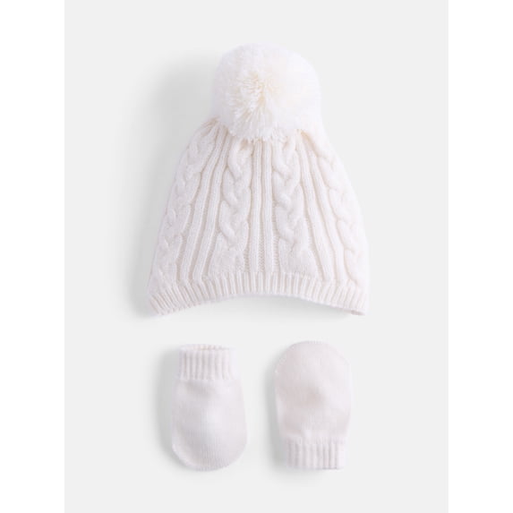 Wonder Nation Baby Boys or Girls Pom Pom Beanie and Mittens Set, 2 Piece, One Size