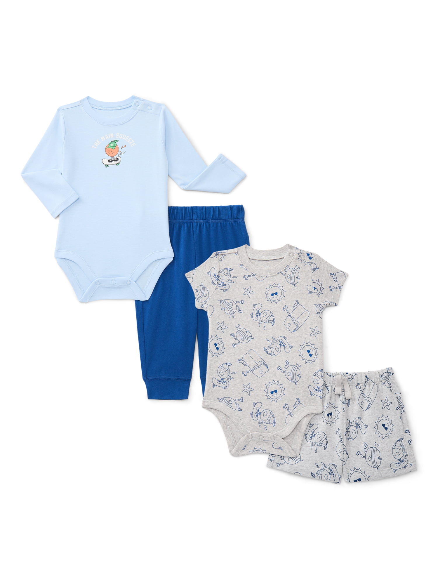 Wonder Nation Baby Boys Bodysuits, Shorts and Pants Outfit Set, 4-Piece, Sizes 0-24 Months