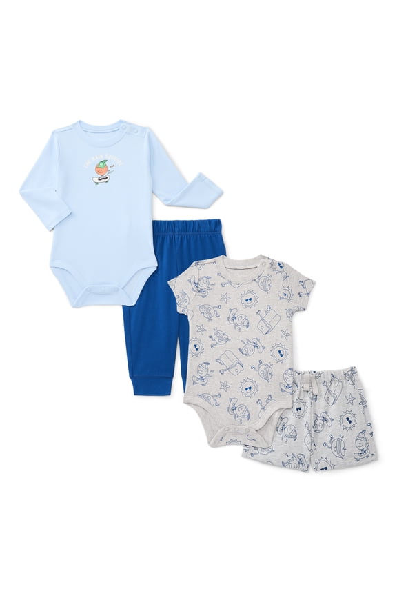 Baby Boys Bodysuits, Shorts and Pants Outfit Set, 4-Piece, Sizes 0-24 Months