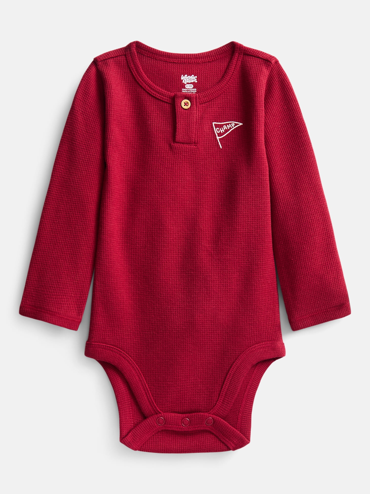 Wonder Nation Baby Boys' Thermal Henley Bodysuit with Long Sleeves, Sizes 0M-24M