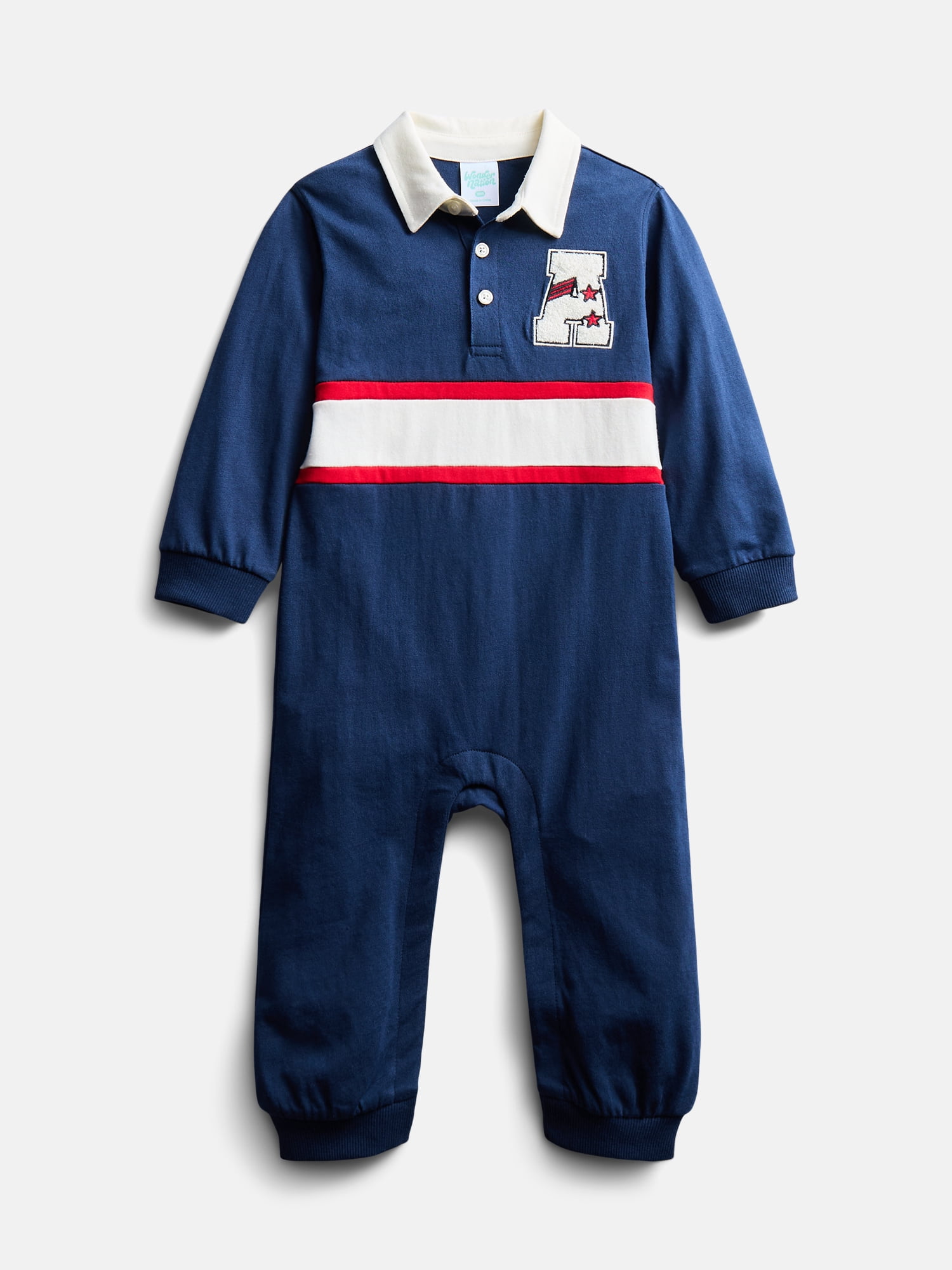 Wonder Nation Baby Boy’s Embroidered Collared Romper with Long Sleeves, Sizes 0/3M-24M