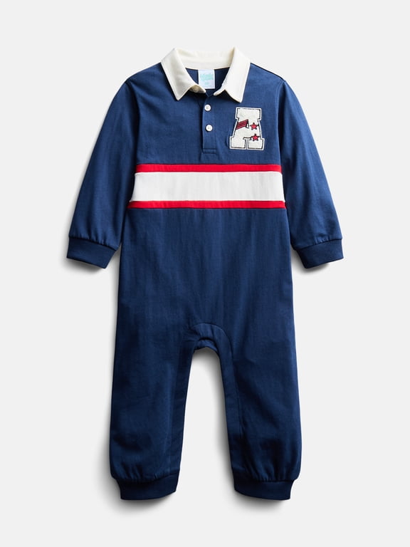 Baby Boy’s Embroidered Collared Romper with Long Sleeves, Sizes 0/3M-24M