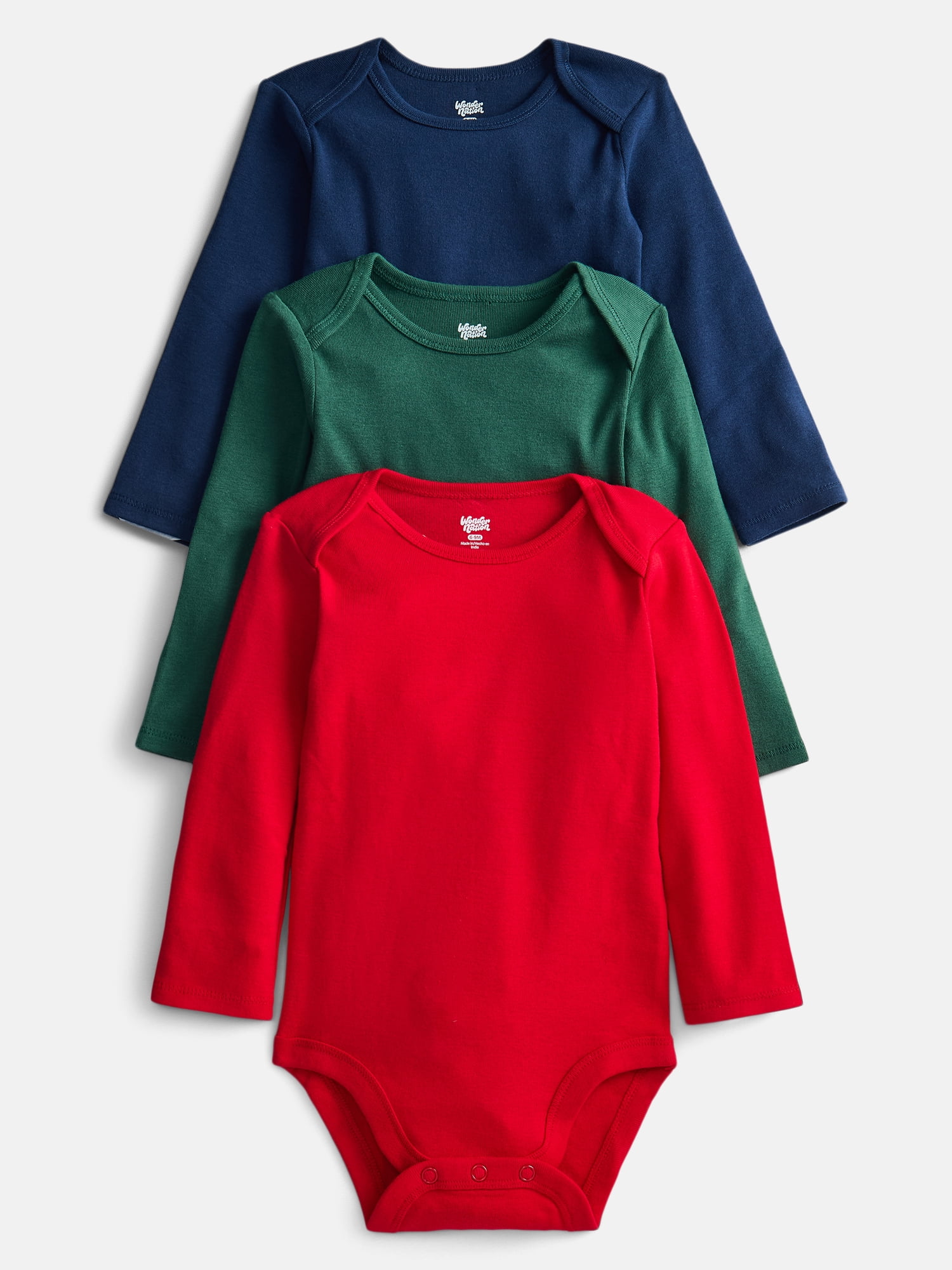 Wonder Nation Baby Boys' Solid Bodysuit with Long Sleeves, 3-Piece, Sizes 0M-24M