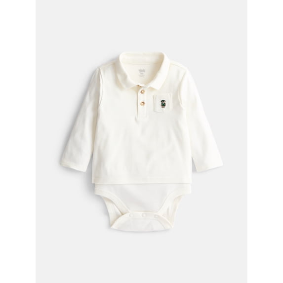 Wonder Nation Baby Boys' Cotton Polo Bodysuit with Long Sleeves, Sizes 0M-24M