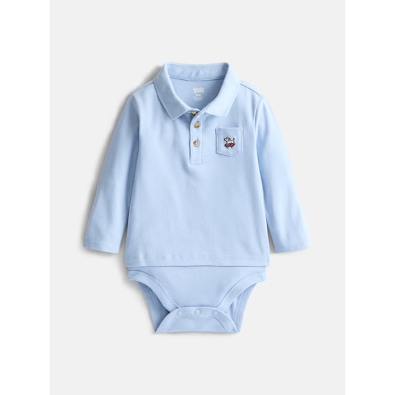 Wonder Nation Baby Boys' Cotton Polo Bodysuit with Long Sleeves, Sizes 0M-24M